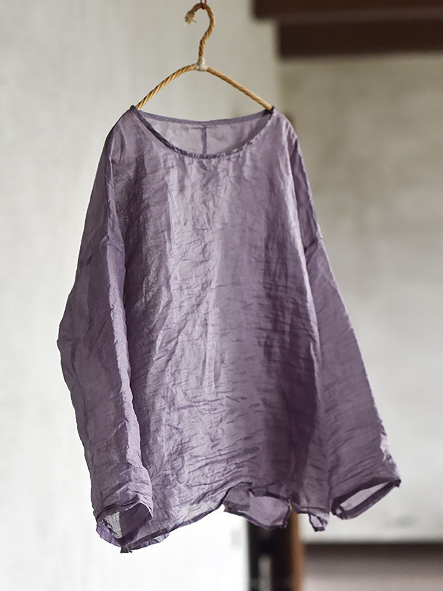 Plus Size Women Summer Solid Vintage O-Neck Split Hem Ramie Shirt