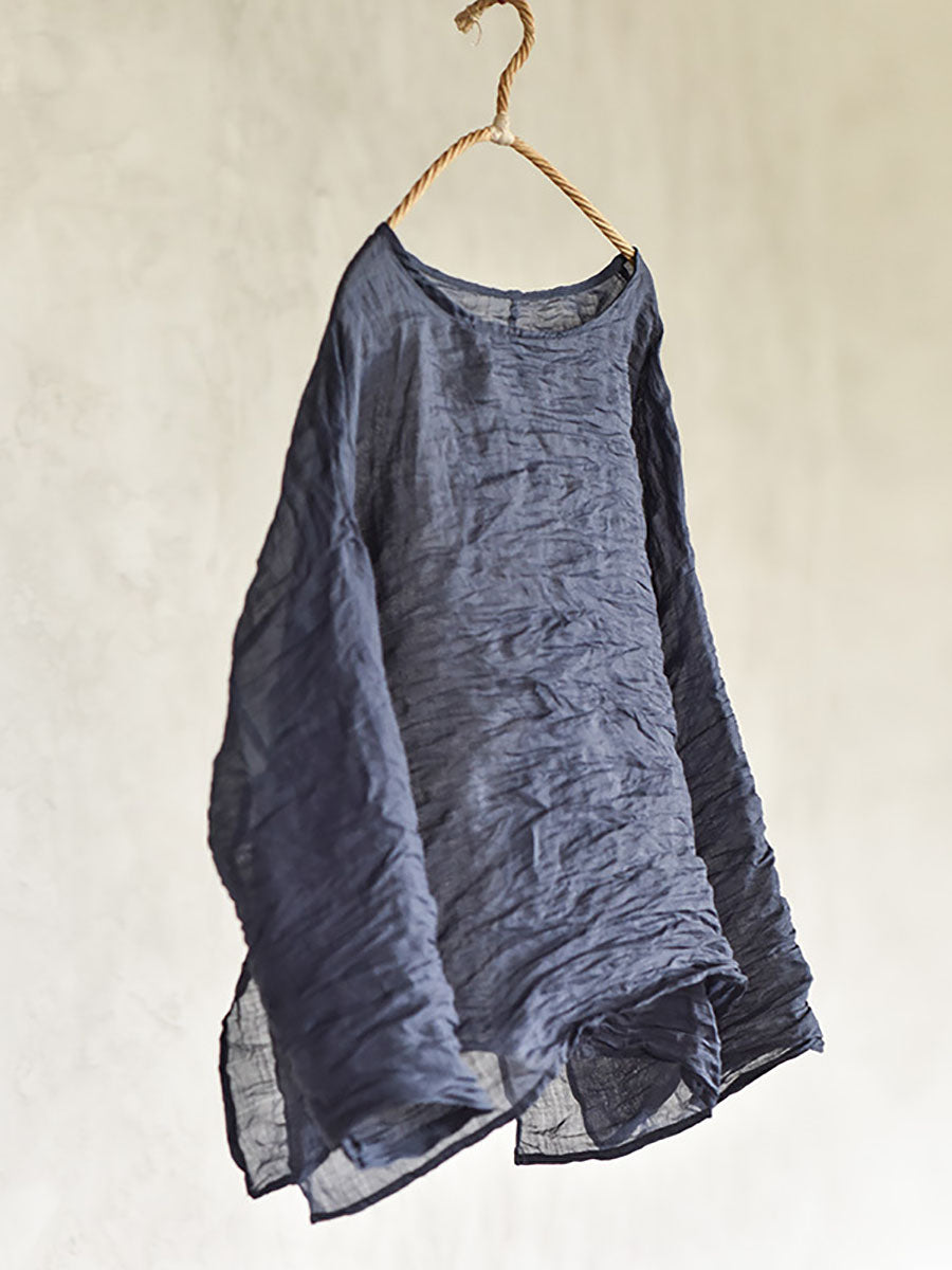 Plus Size Women Summer Solid Vintage O-Neck Split Hem Ramie Shirt