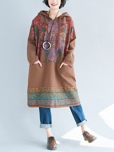 Women Ethnic Flower Spliced Long Pocket Hooded Dress