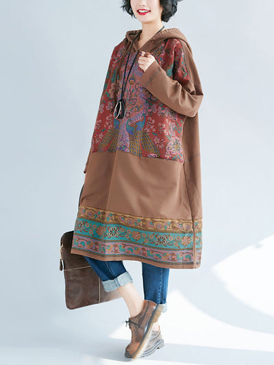 Women Ethnic Flower Spliced Long Pocket Hooded Dress