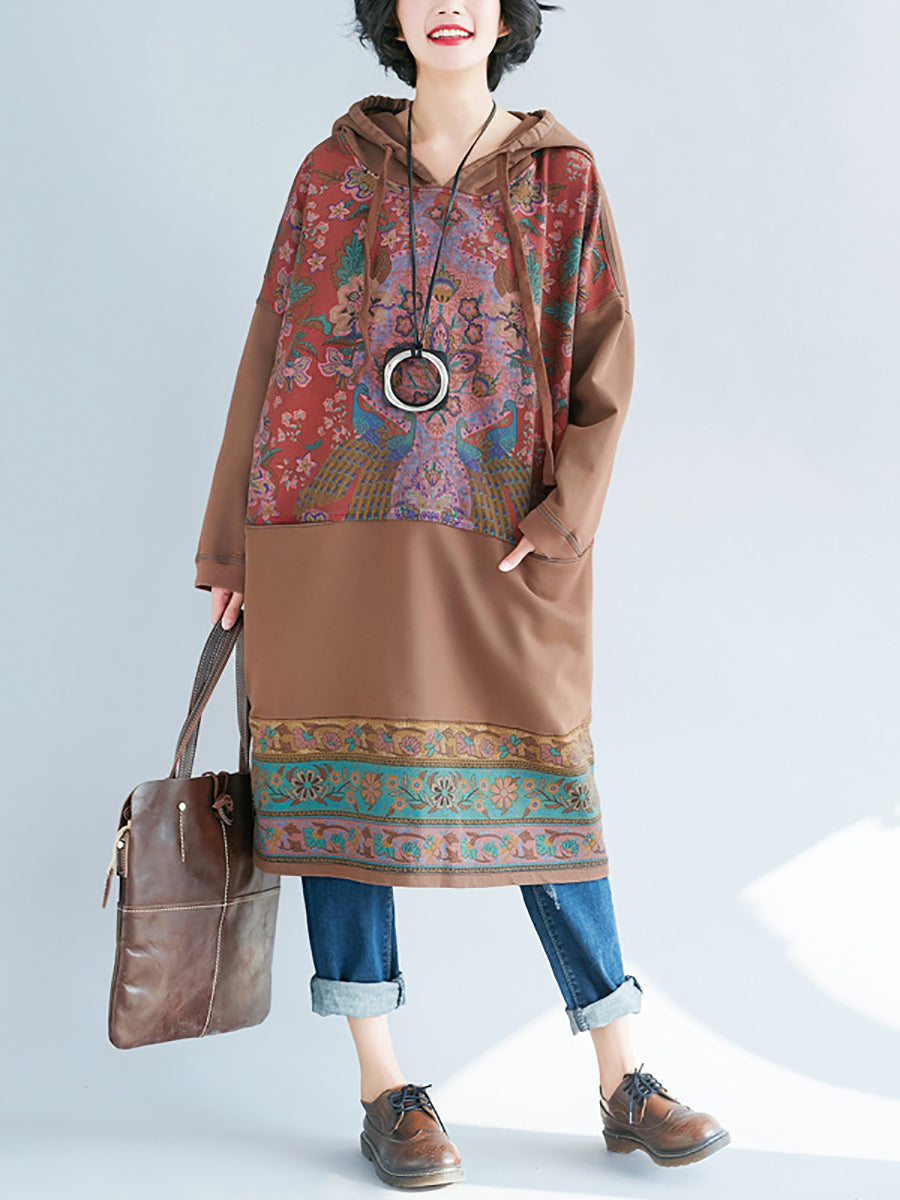 Women Ethnic Flower Spliced Long Pocket Hooded Dress