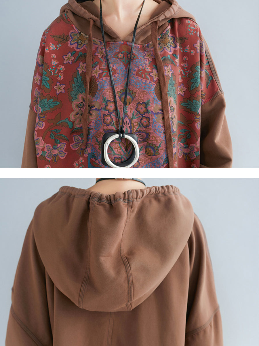Women Ethnic Flower Spliced Long Pocket Hooded Dress