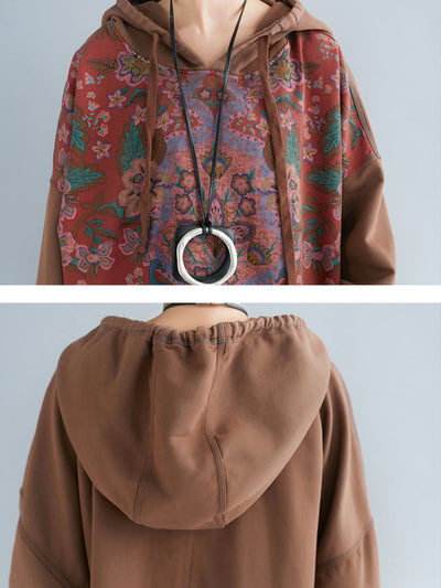 Women Ethnic Flower Spliced Long Pocket Hooded Dress