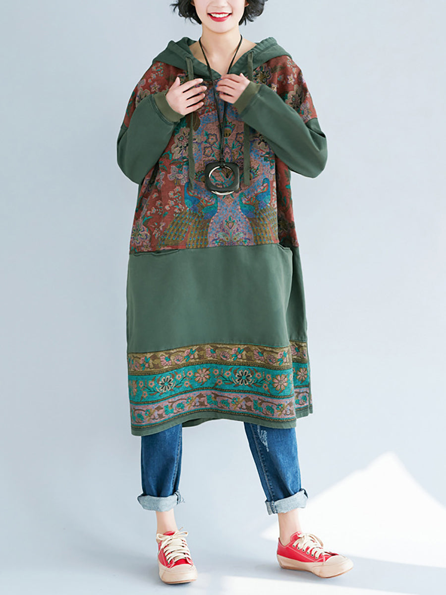 Women Ethnic Flower Spliced Long Pocket Hooded Dress