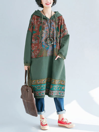 Women Ethnic Flower Spliced Long Pocket Hooded Dress