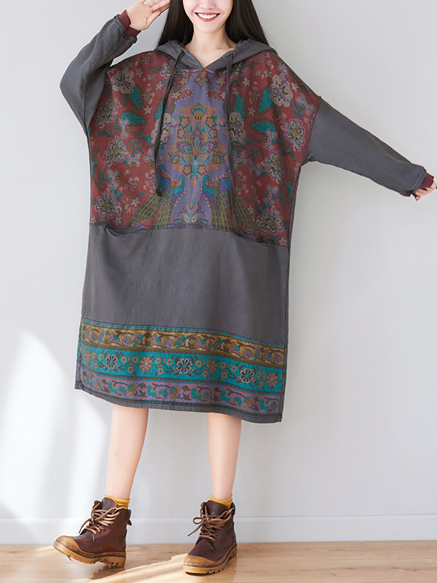 Women Ethnic Flower Spliced Long Pocket Hooded Dress