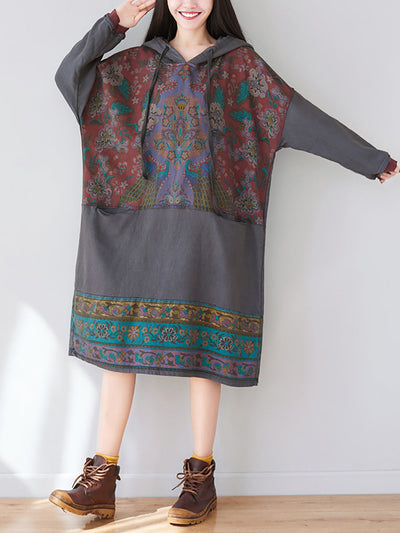 Women Ethnic Flower Spliced Long Pocket Hooded Dress
