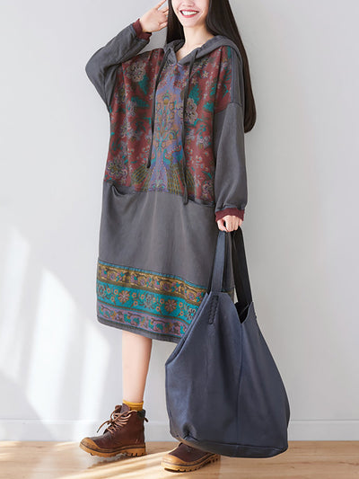 Women Ethnic Flower Spliced Long Pocket Hooded Dress