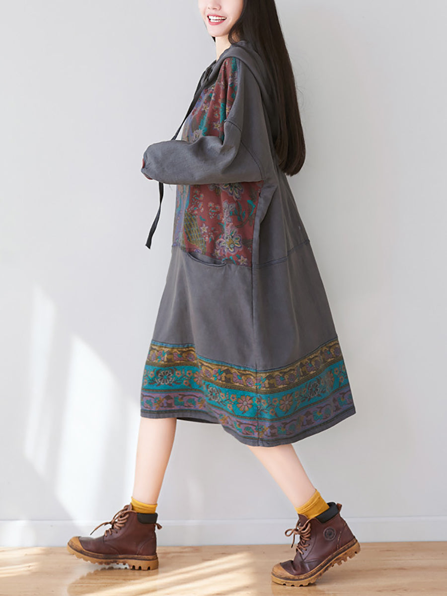 Women Ethnic Flower Spliced Long Pocket Hooded Dress