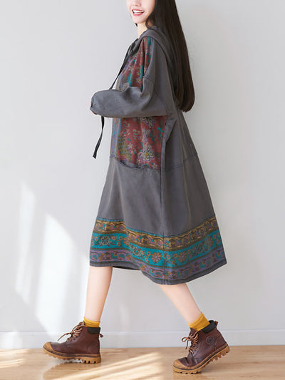 Women Ethnic Flower Spliced Long Pocket Hooded Dress