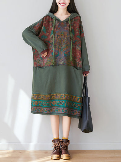 Women Ethnic Flower Spliced Long Pocket Hooded Dress