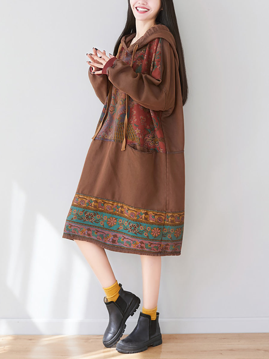 Women Ethnic Flower Spliced Long Pocket Hooded Dress