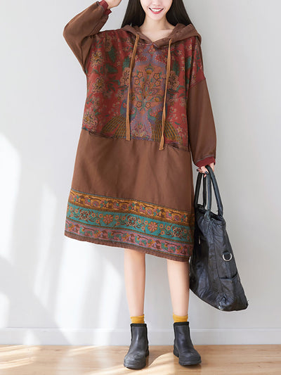Women Ethnic Flower Spliced Long Pocket Hooded Dress