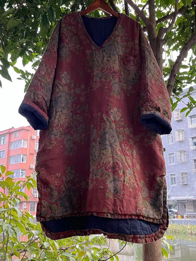 Plus Size Women Vitage Flower V-Neck Padded Long Coat