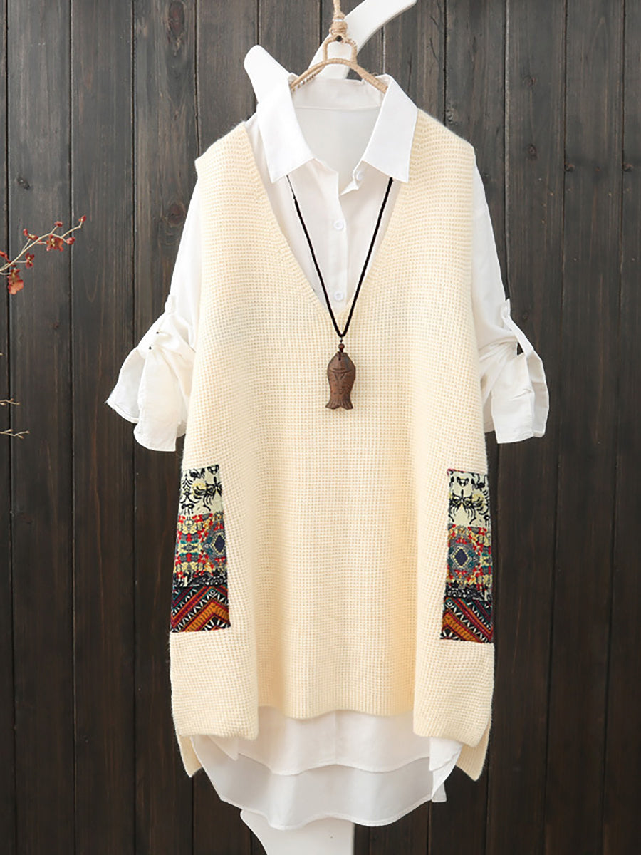 Plus Size Women Ethnic V-Neck Loose Knitted Vest