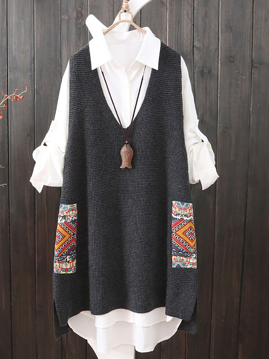 Plus Size Women Ethnic V-Neck Loose Knitted Vest