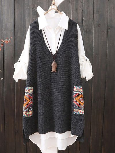 Plus Size Women Ethnic V-Neck Loose Knitted Vest
