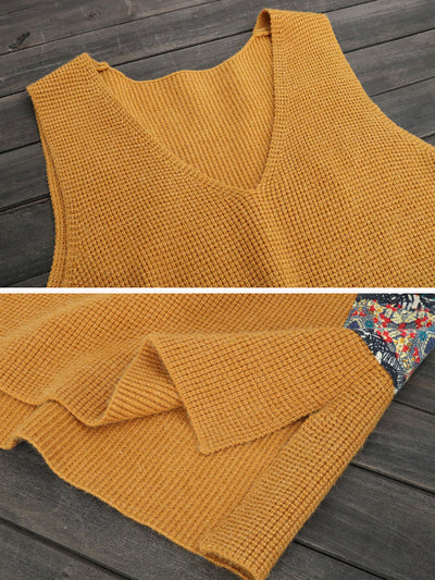 Plus Size Women Ethnic V-Neck Loose Knitted Vest