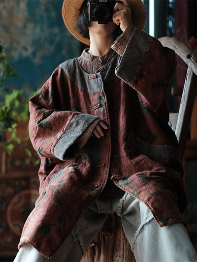 Women Ethnic Flower Spliced Loose Linen Coat
