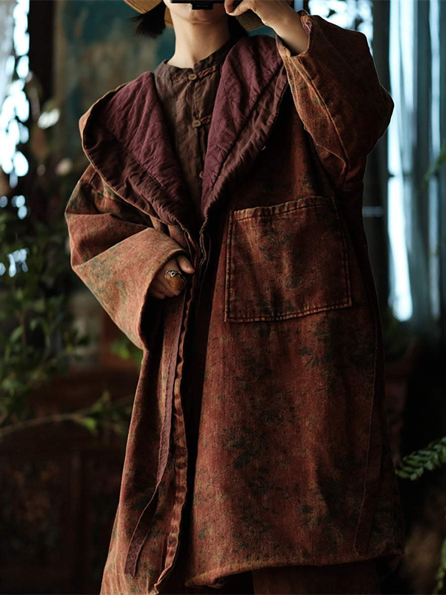 Women Winter Vintage Flower Drawstring Padded Coat