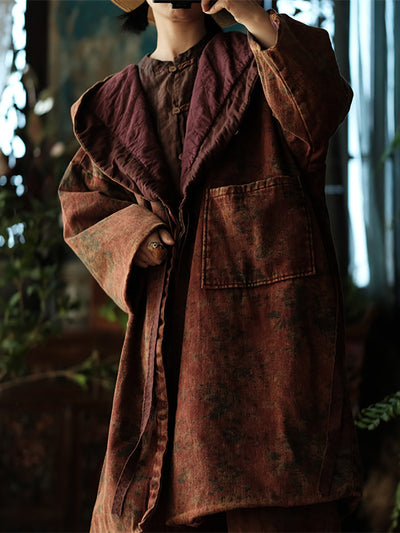 Women Winter Vintage Flower Drawstring Padded Coat