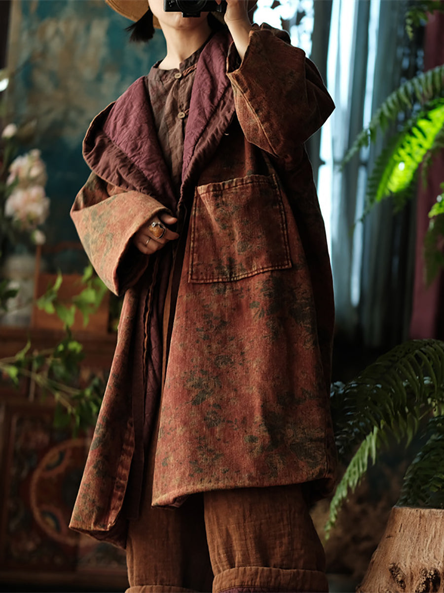 Women Winter Vintage Flower Drawstring Padded Coat