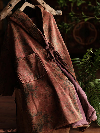 Women Winter Vintage Flower Drawstring Padded Coat