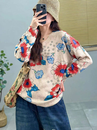 Women Casual Flower Spring V-Neck Knitted Sweater
