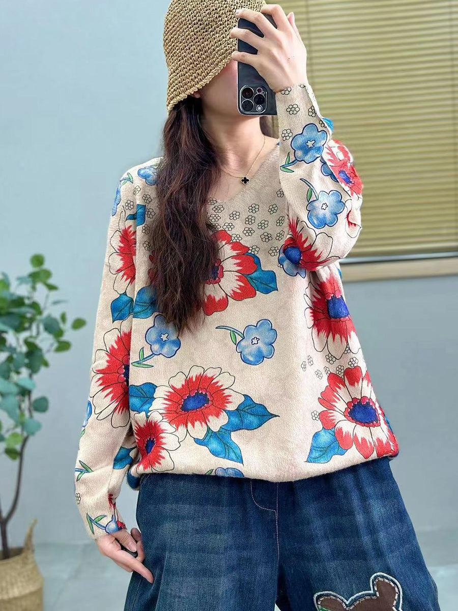 Women Casual Flower Spring V-Neck Knitted Sweater