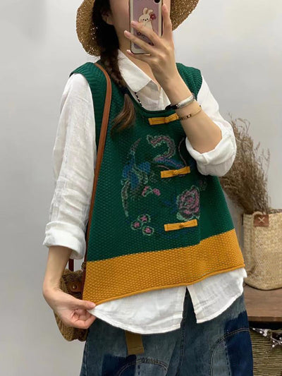 Plus Size Women Retro Flower Print Colorblock Vest