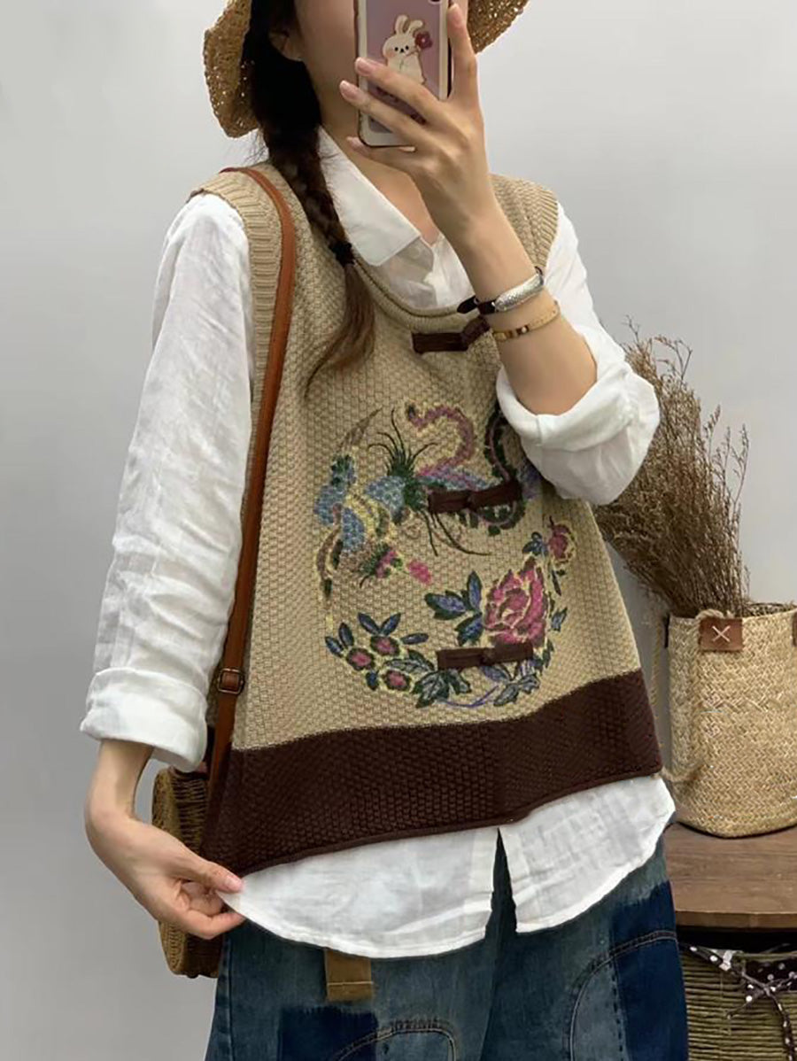 Plus Size Women Retro Flower Print Colorblock Vest