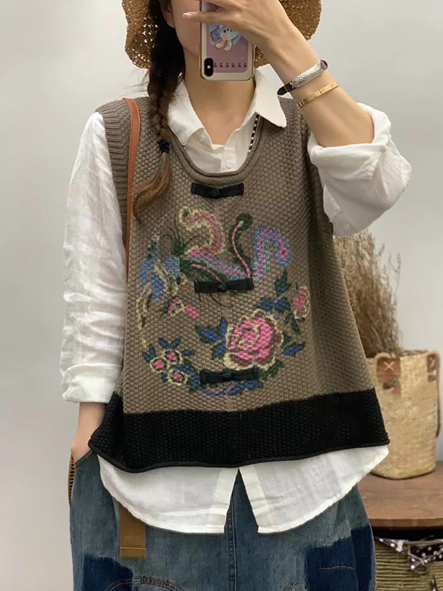 Plus Size Women Retro Flower Print Colorblock Vest