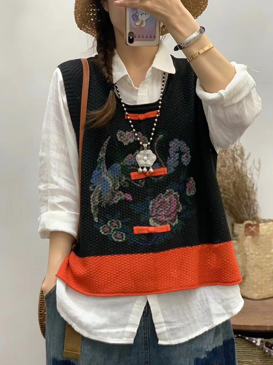 Plus Size Women Retro Flower Print Colorblock Vest