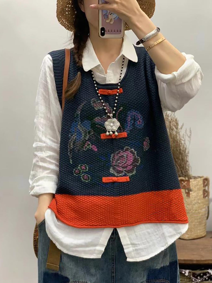 Plus Size Women Retro Flower Print Colorblock Vest