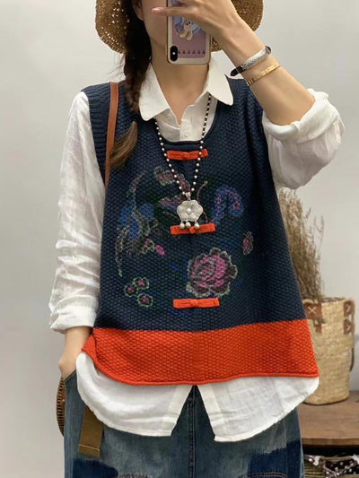 Plus Size Women Retro Flower Print Colorblock Vest