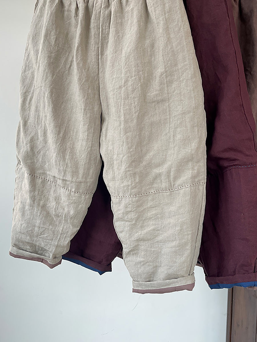 Plus Size Women Winter Retro Solid Linen Harem Pants