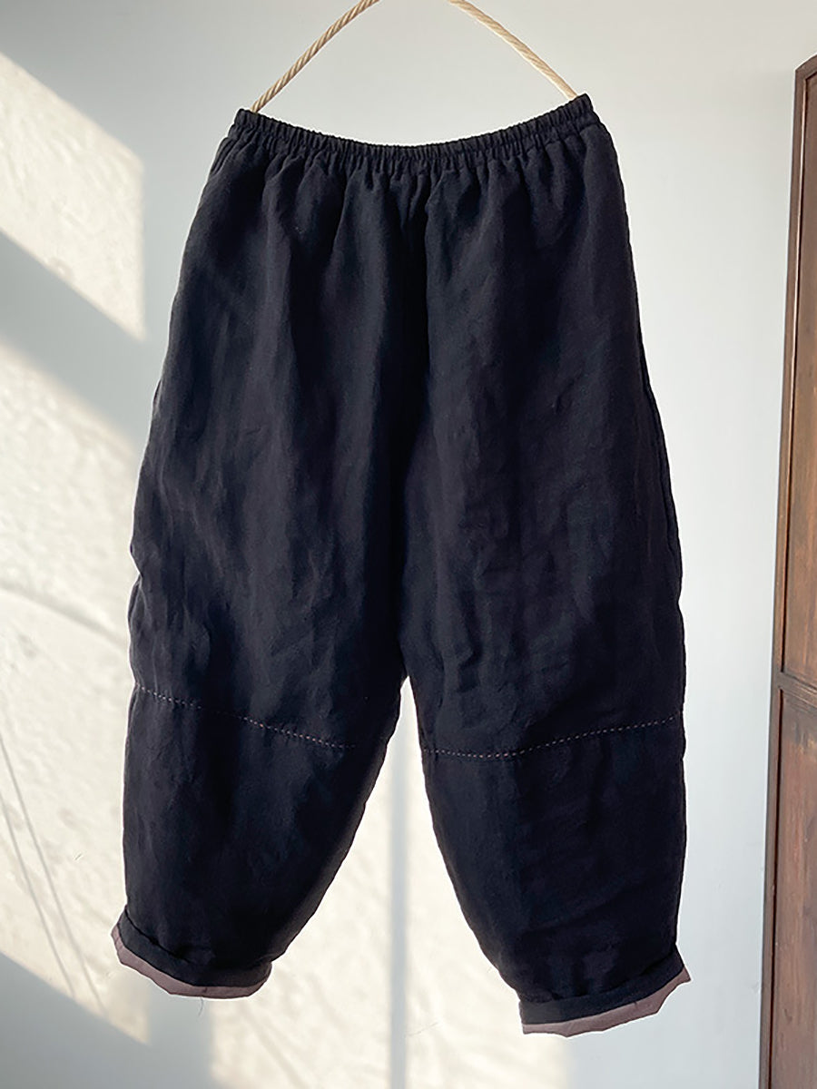 Plus Size Women Winter Retro Solid Linen Harem Pants