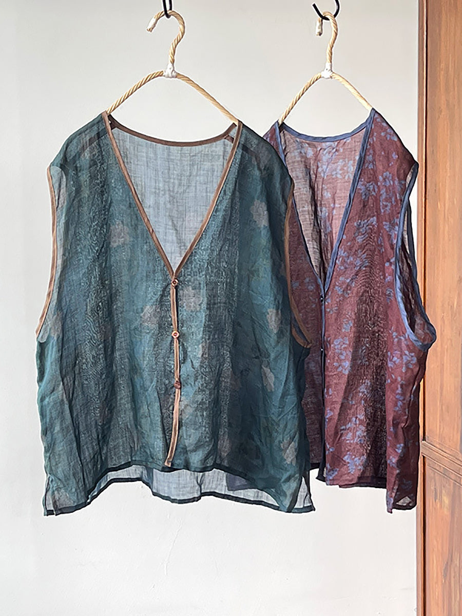Women Vintage Floral Print Ramie Vest