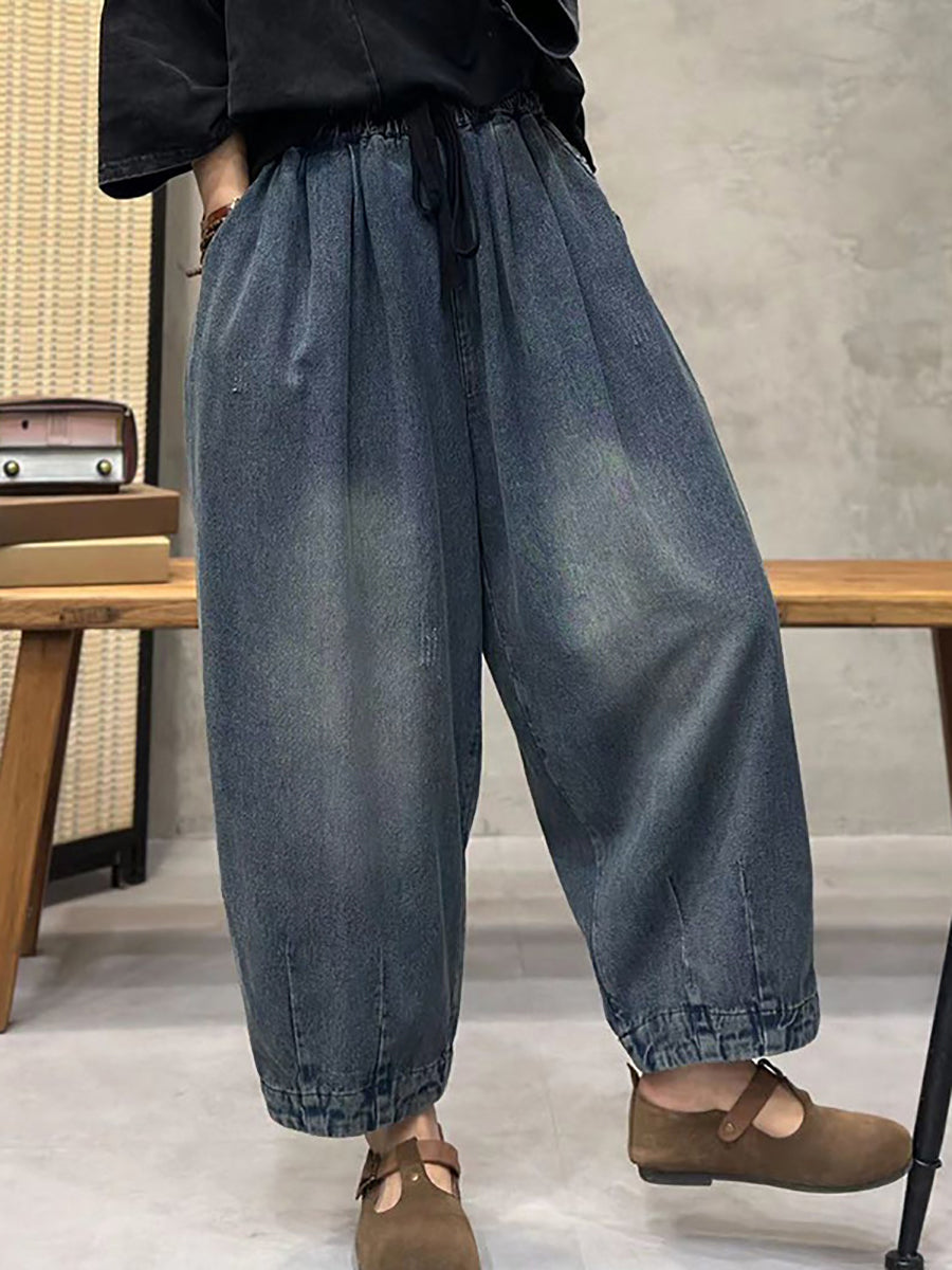 Plus Size Women Spring Retro Washed Denim Harem Pants