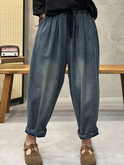 Plus Size Women Spring Retro Washed Denim Harem Pants