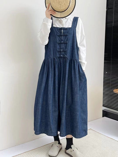 Women Spring Vintage Buckle Denim Vest Dress
