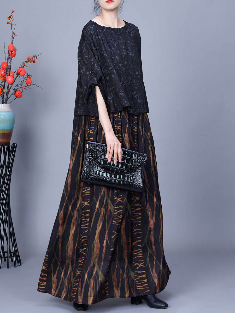 Plus Size Women Spring Vintage Spliced Loose O-Neck Dress