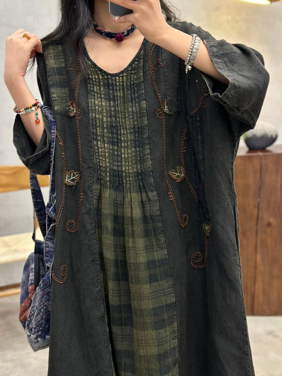 Women Spring Vintage Plaid Spliced Shirred Linen Dress