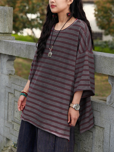 Plus Size Women Casual Summer Stripe Cotton Shirt