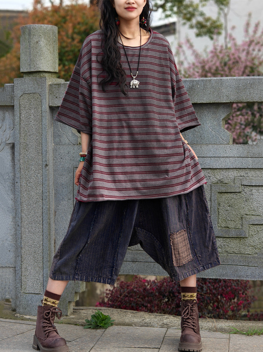 Plus Size Women Casual Summer Stripe Cotton Shirt