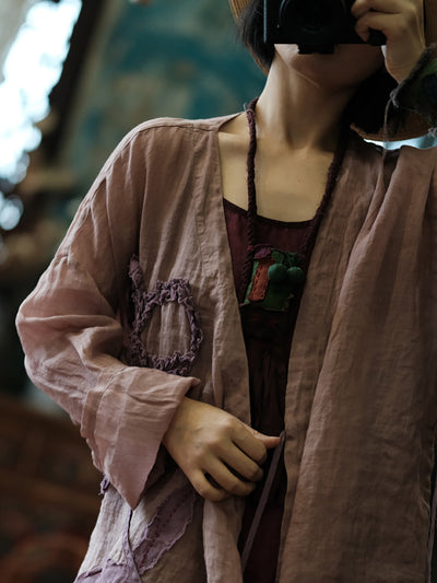 Women Vintage Flower Spliced Summer Strap Ramie Shirt