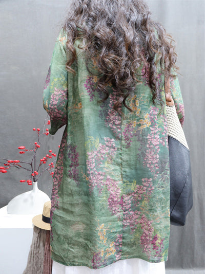 Plus Size Women Summer Vintage Flower V-Neck Ramie Long Shirt