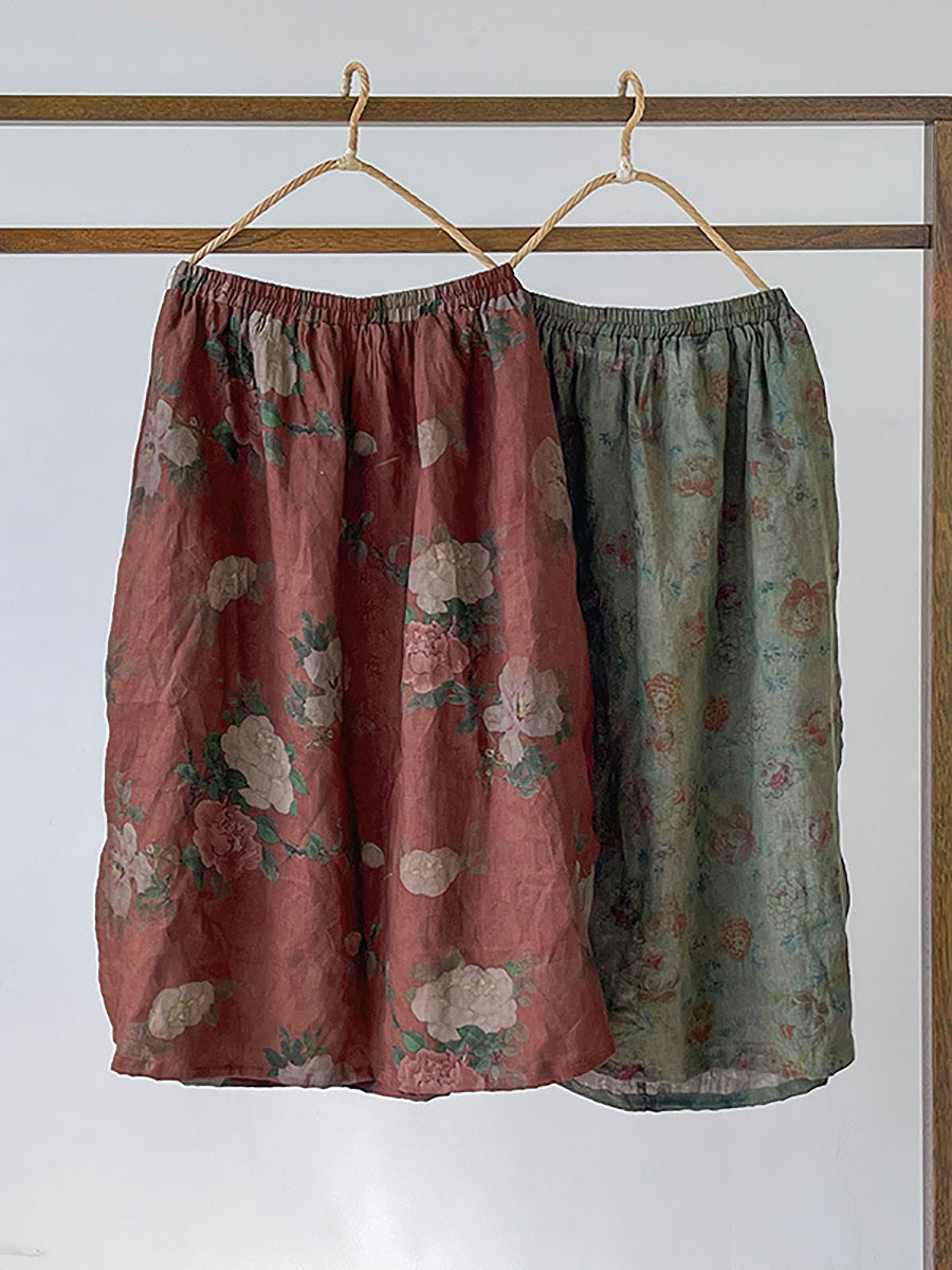 Plus Size Women Summer Vintage Flower Loose 100%Linen Skirt