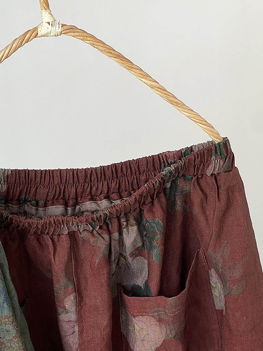 Plus Size Women Summer Vintage Flower Loose 100%Linen Skirt