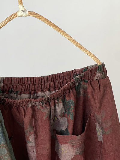 Plus Size Women Summer Vintage Flower Loose 100%Linen Skirt